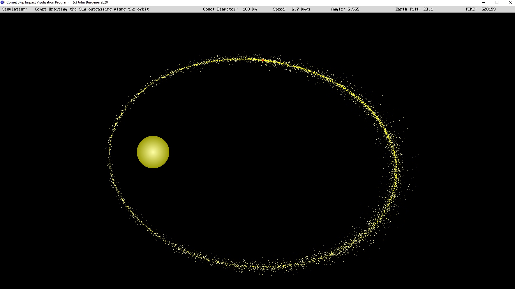 Comet debris trail associated with outgassing on orbit. Image produced  by CometSkipImpacts.exe program written by John Burgener and available to download from the web page: www.comets.ca